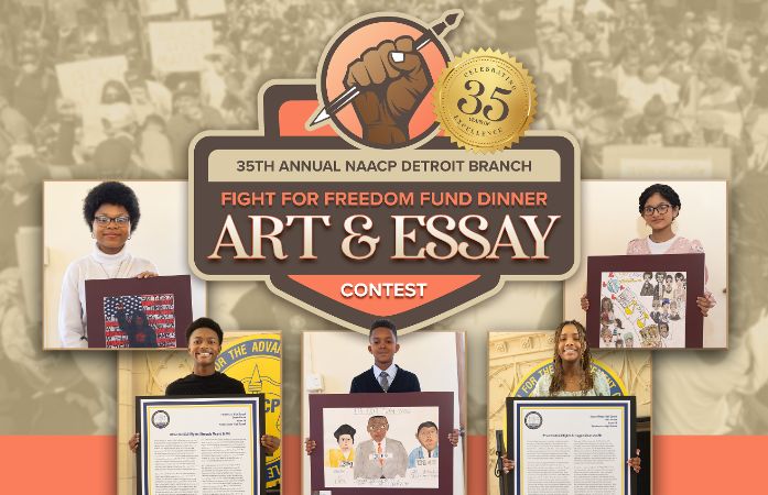  students holding previous winning art pieces